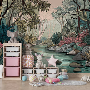 Exotic jungle safari wallpaper creating adventure-themed children's bedroom with natural decor