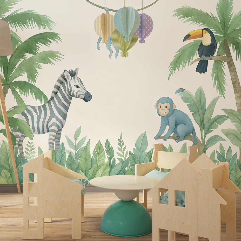 Tropical safari wallpaper featuring monkey and toucan creating adventure theme in kids bedroom