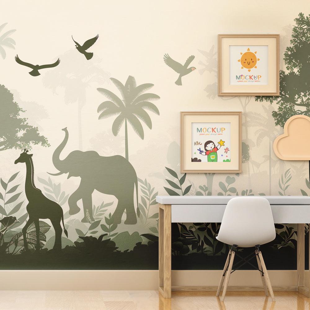 Safari themed jungle wallpaper creating adventurous kids bedroom decor with natural green tones