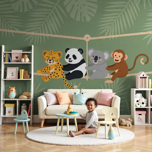Jungle animals mural wallpaper in modern baby nursery with safari themed decor by Kids-Mundo