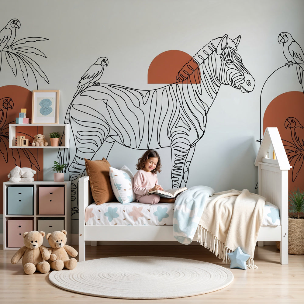 Jungle animals mural wallpaper with zebra and parrots in modern nursery by Kids-Mundo