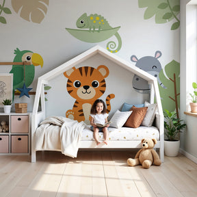 Jungle animals mural wallpaper in modern nursery with tiger and safari creatures by Kids-Mundo