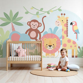 Jungle animals mural wallpaper in bright nursery with safari theme decor by Kids-Mundo