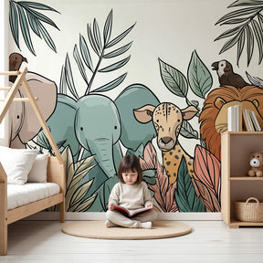 Jungle animals mural wallpaper with elephants and giraffes in modern nursery by Kids-Mundo