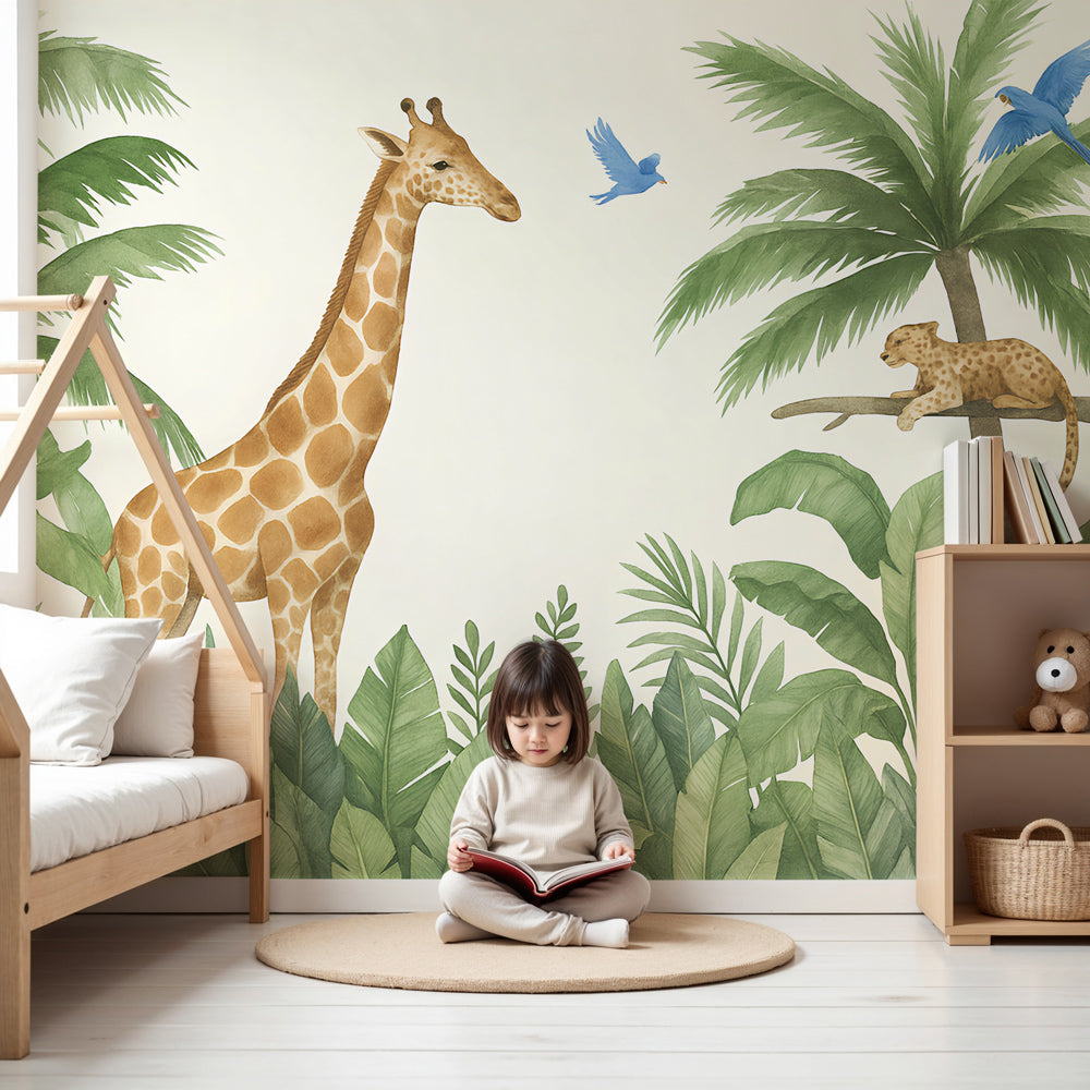 Jungle animals mural wallpaper with giraffe and leopard in modern kids nursery by Kids-Mundo