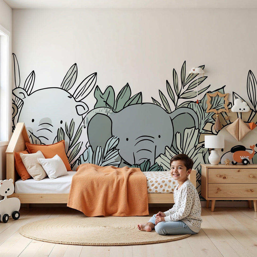 Jungle animals mural wallpaper in modern nursery with natural wood furniture by Kids-Mundo