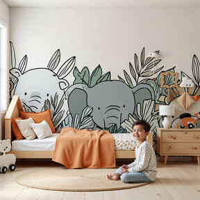 Jungle animals mural wallpaper in modern nursery with natural wood furniture by Kids-Mundo