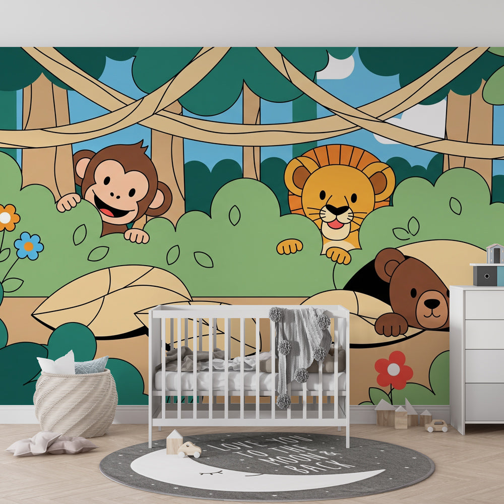 Playful safari themed wallpaper creating colorful jungle nursery decor for babies