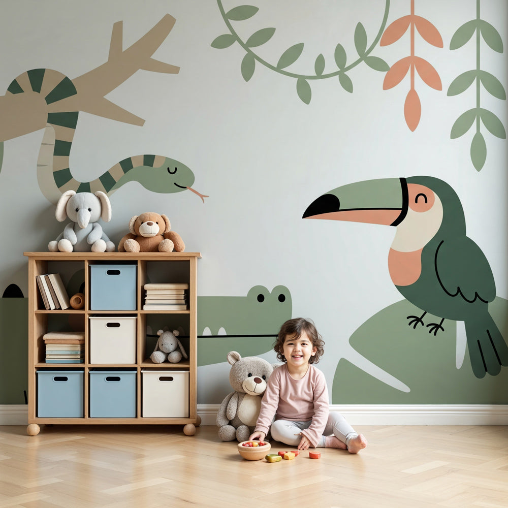 Sage green jungle animals mural wallpaper in modern nursery with natural wood furniture by Kids-Mundo