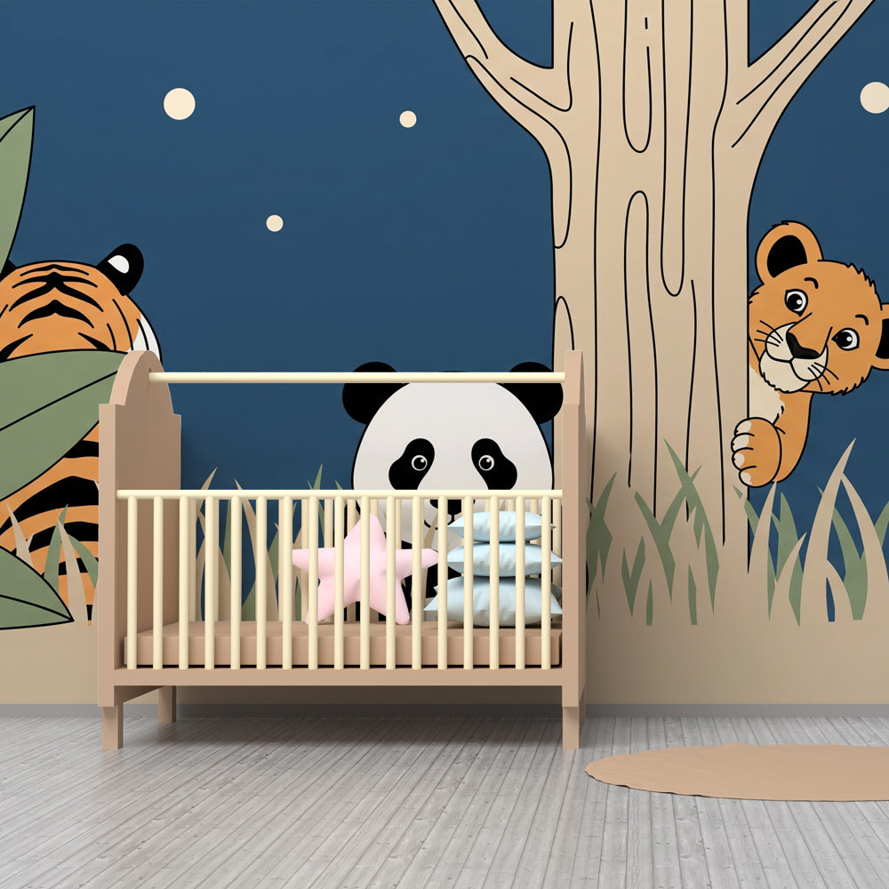 Starry night jungle wallpaper with tropical animals in kids room setting by Kids-Mundo