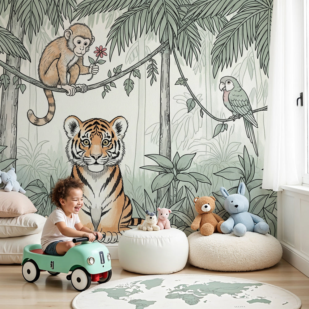 Jungle animals mural wallpaper with tiger and monkey in modern kids bedroom by Kids-Mundo