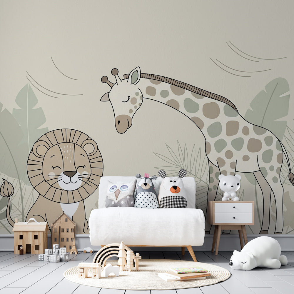 Lion and giraffe mural wallpaper transforming toddler room into jungle adventure space