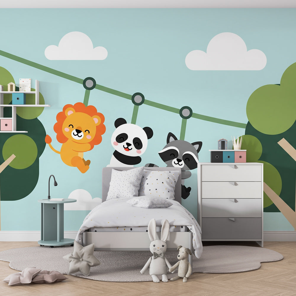 Playful safari animals wallpaper creating adventurous atmosphere in children's bedroom