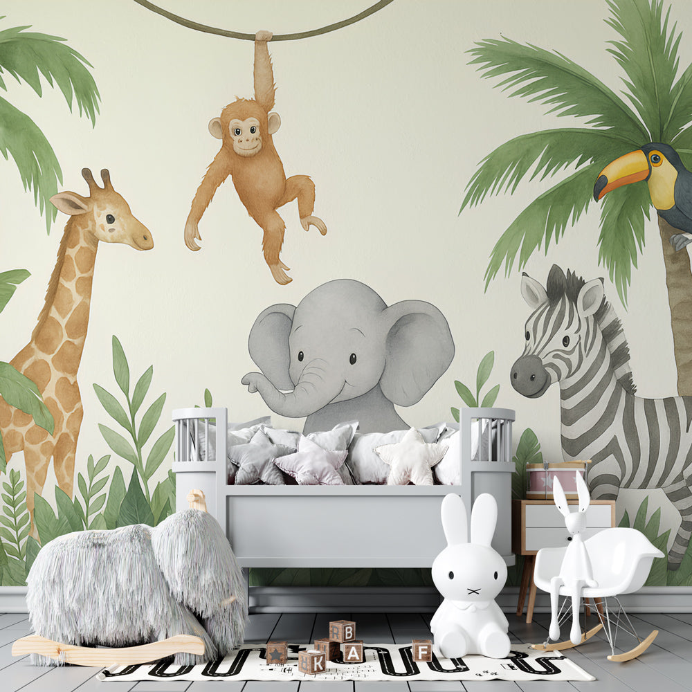 Safari animals wallpaper creating playful atmosphere in toddler bedroom with natural wood furniture