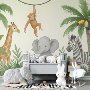 Safari animals wallpaper creating playful atmosphere in toddler bedroom with natural wood furniture