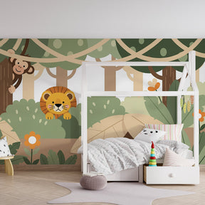 Safari themed wallpaper transforming toddler bedroom with playful jungle animals decor