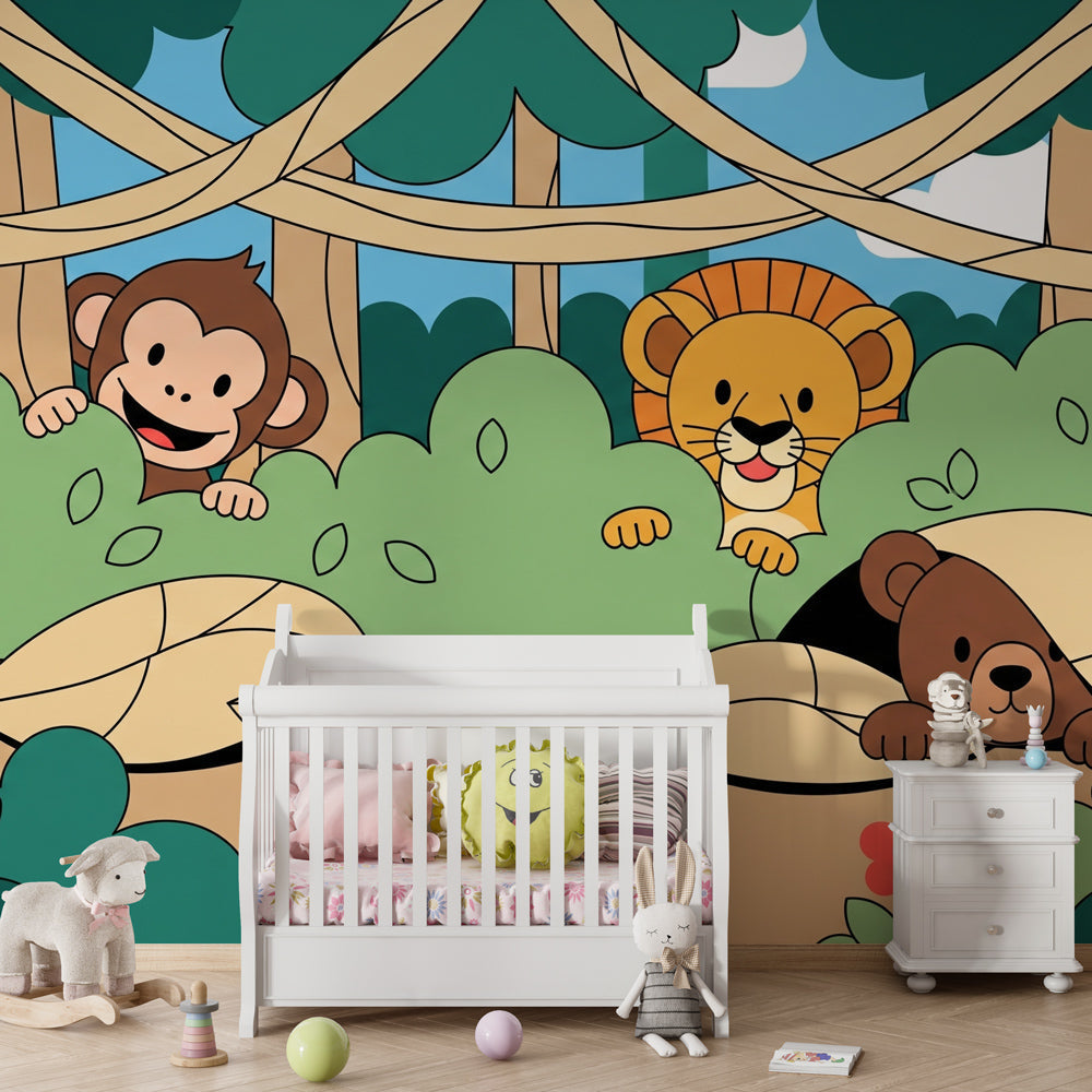 Tropical jungle mural wallpaper with monkey lion bear in bright kids bedroom setting