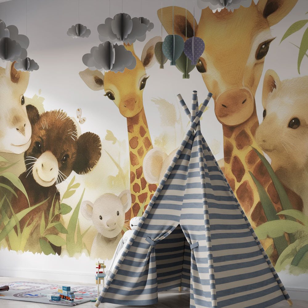Cute jungle animals wallpaper transforming toddler bedroom into magical safari adventure