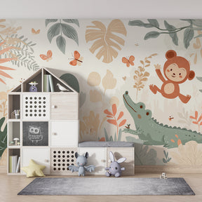 Pastel jungle themed wallpaper for toddler room featuring friendly safari animals and foliage