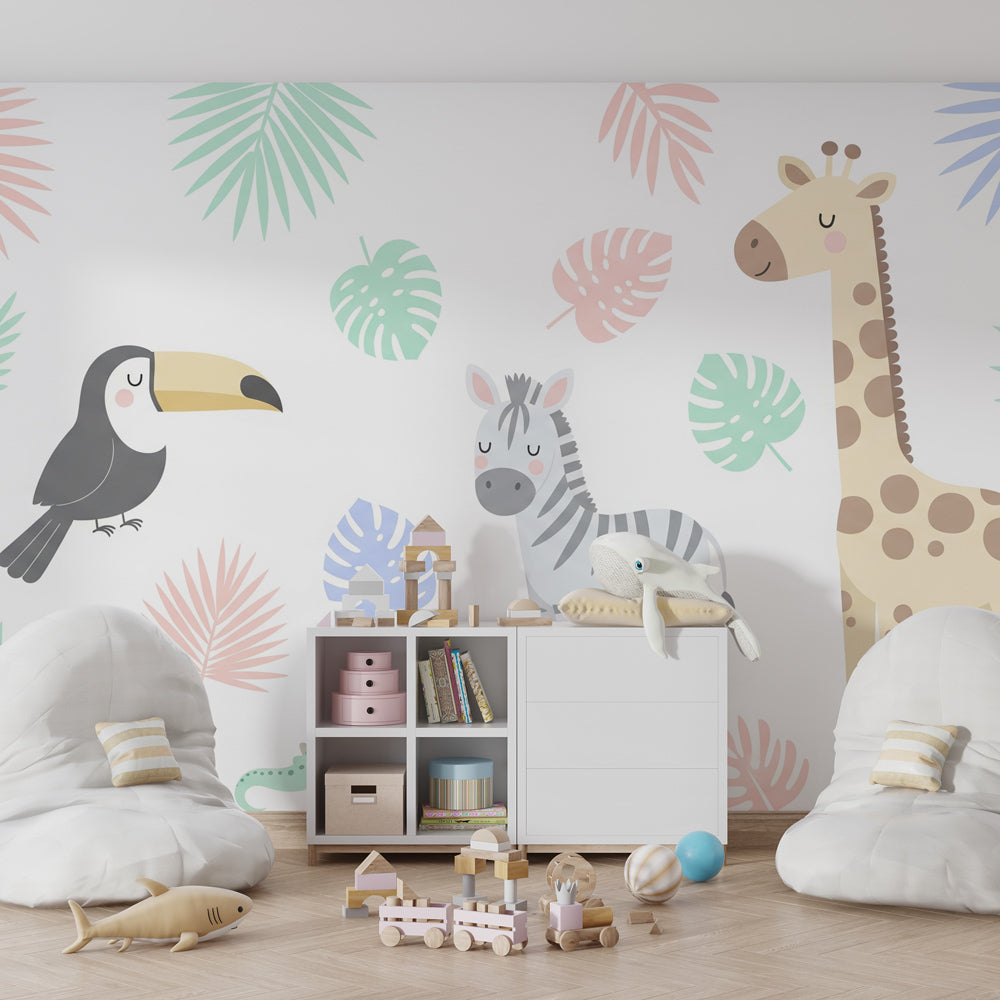 Safari animals wallpaper creating playful kids bedroom decor with soft pastel colors