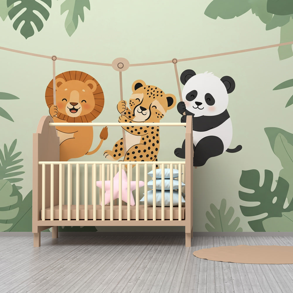 Hanging jungle animals wallpaper in cozy toddler bedroom with natural wood furniture