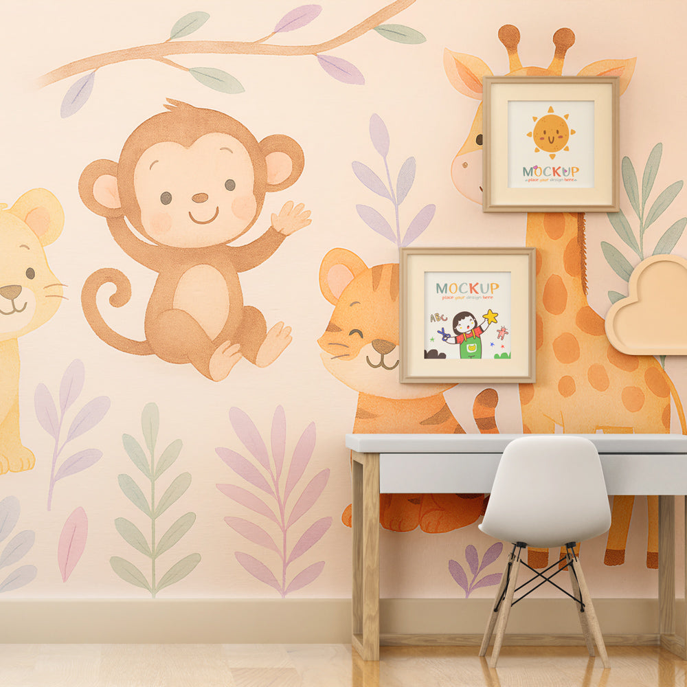 Cute jungle animals mural wallpaper transforming toddler room into safari adventure