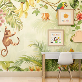 Tropical jungle wallpaper with monkeys and tigers in modern kids bedroom setting