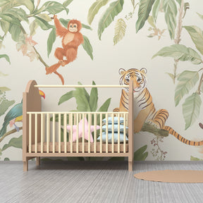 Enchanted jungle mural wallpaper featuring colorful toucan and peaceful tiger for kids room