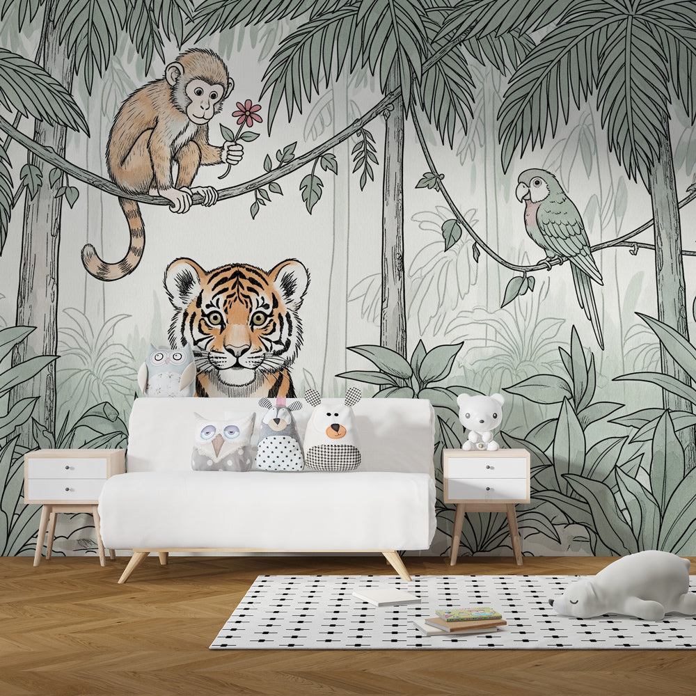 Tropical jungle wallpaper creating adventurous nursery decor with colorful parrot and foliage