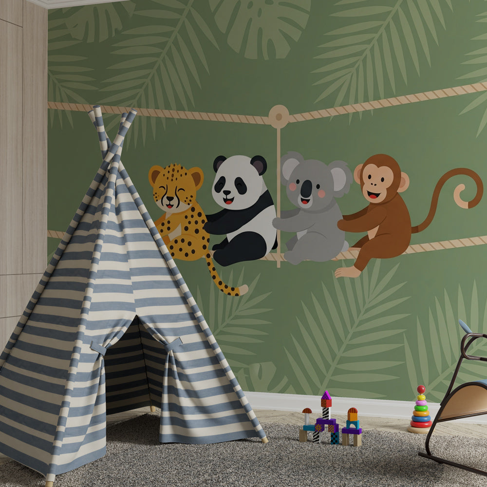 Tropical themed baby room with jungle animals mural wallpaper creating safari adventure atmosphere