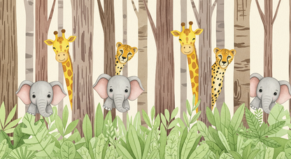 Kids-Mundo watercolour artwork of giraffes, elephants and cheetahs peeking through forest trees
