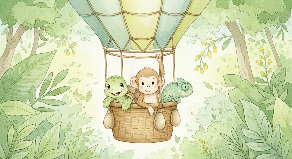 Monkey, Turtle and Chameleon Hot Air Balloon Wall Mural