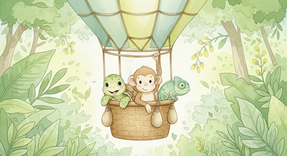 Kids-Mundo flat artwork of a monkey, turtle and chameleon riding a hot air balloon through a forest
