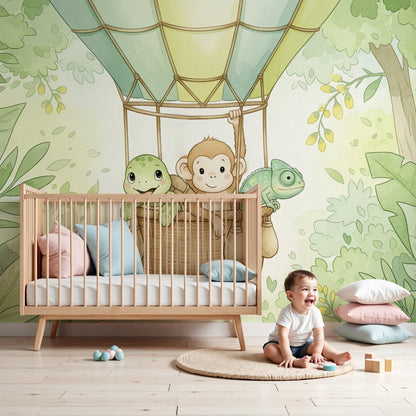 Kids-Mundo jungle hot air balloon wall mural with a monkey, turtle and chameleon in a nursery