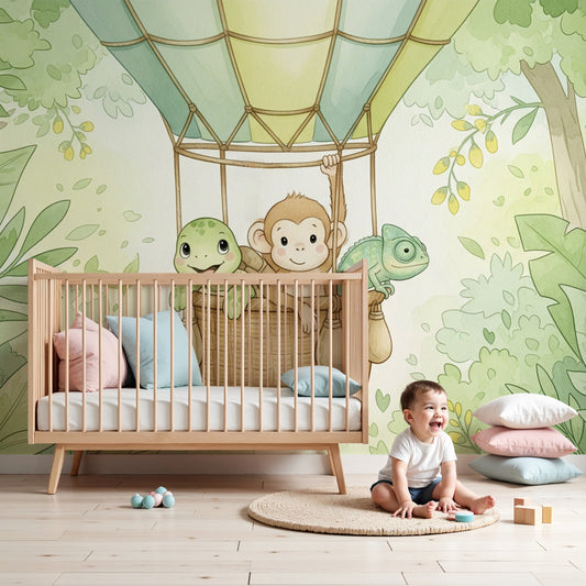 Kids-Mundo jungle hot air balloon wall mural with a monkey, turtle and chameleon in a nursery