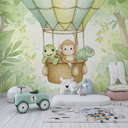 Kids-Mundo jungle hot air balloon wall mural with monkey, turtle and chameleon in a playroom