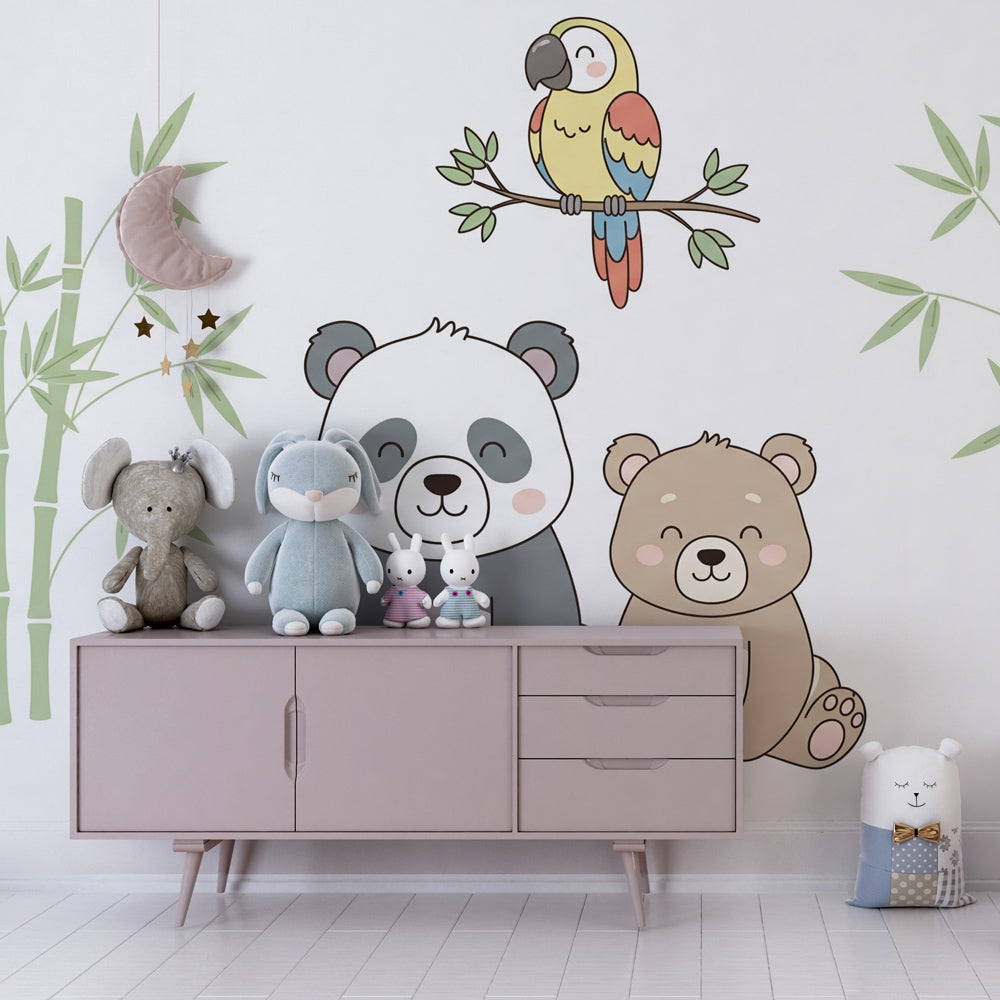 Panda and parrot mural wallpaper transforming toddler room with jungle theme decor