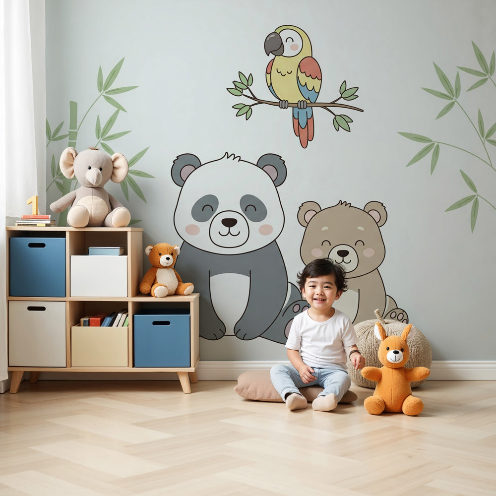 Jungle bears mural wallpaper with panda and parrot in modern nursery room by Kids-Mundo