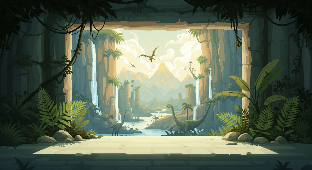 Kids-Mundo flat artwork of the jungle canopy tunnel misty mountain dinosaur mural design