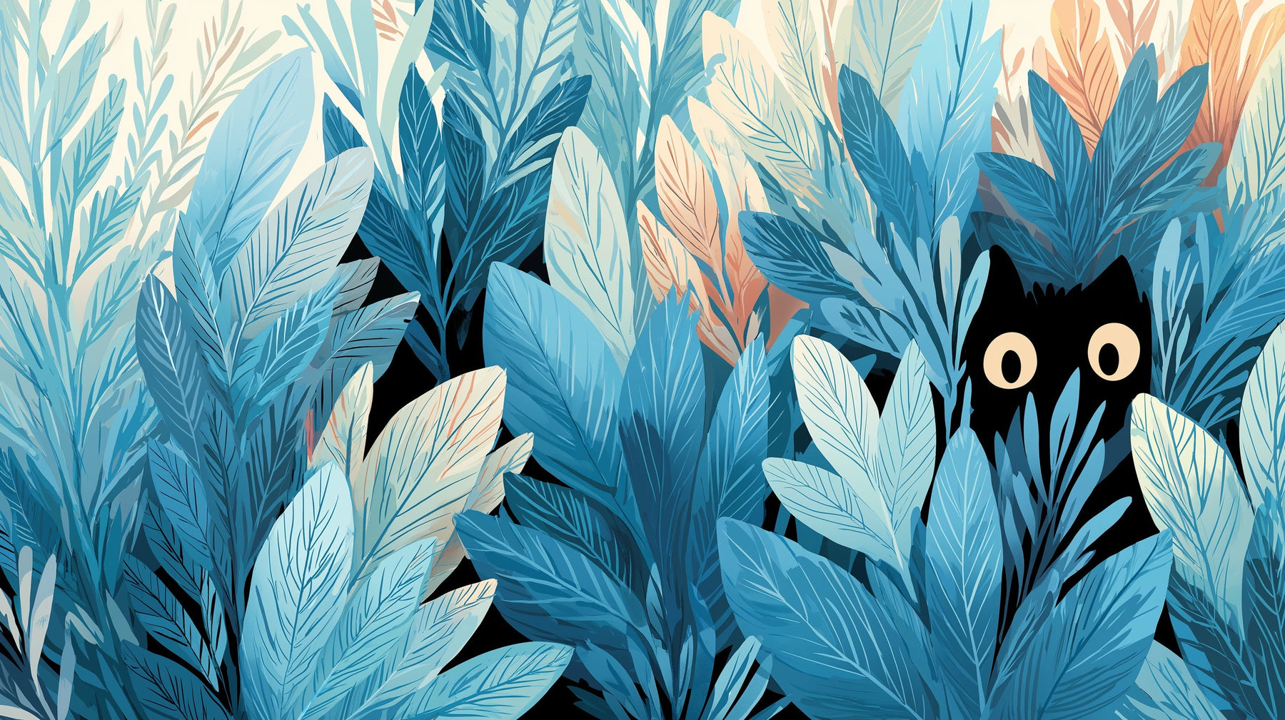Detailed blue jungle cat mural wallpaper design pattern showing hidden black cat in foliage by Kids-Mundo