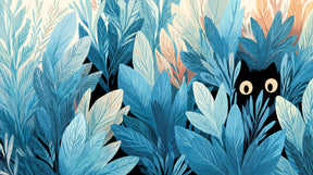 Detailed blue jungle cat mural wallpaper design pattern showing hidden black cat in foliage by Kids-Mundo