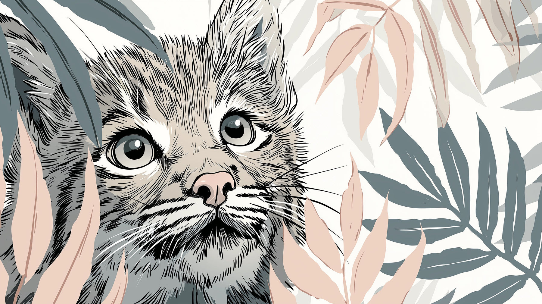 Detailed jungle cat mural wallpaper design pattern with curious kitten and tropical plants by Kids-Mundo