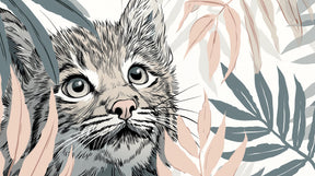 Detailed jungle cat mural wallpaper design pattern with curious kitten and tropical plants by Kids-Mundo