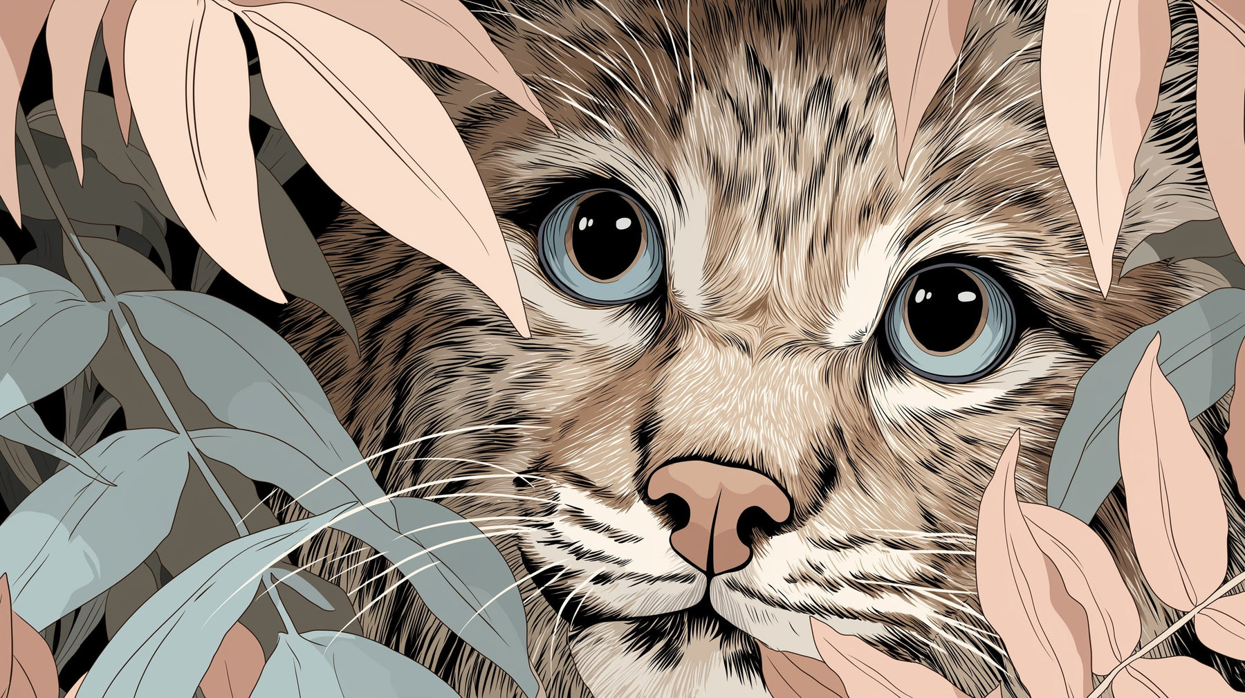 Detailed jungle cat mural wallpaper design pattern with tropical foliage by Kids-Mundo