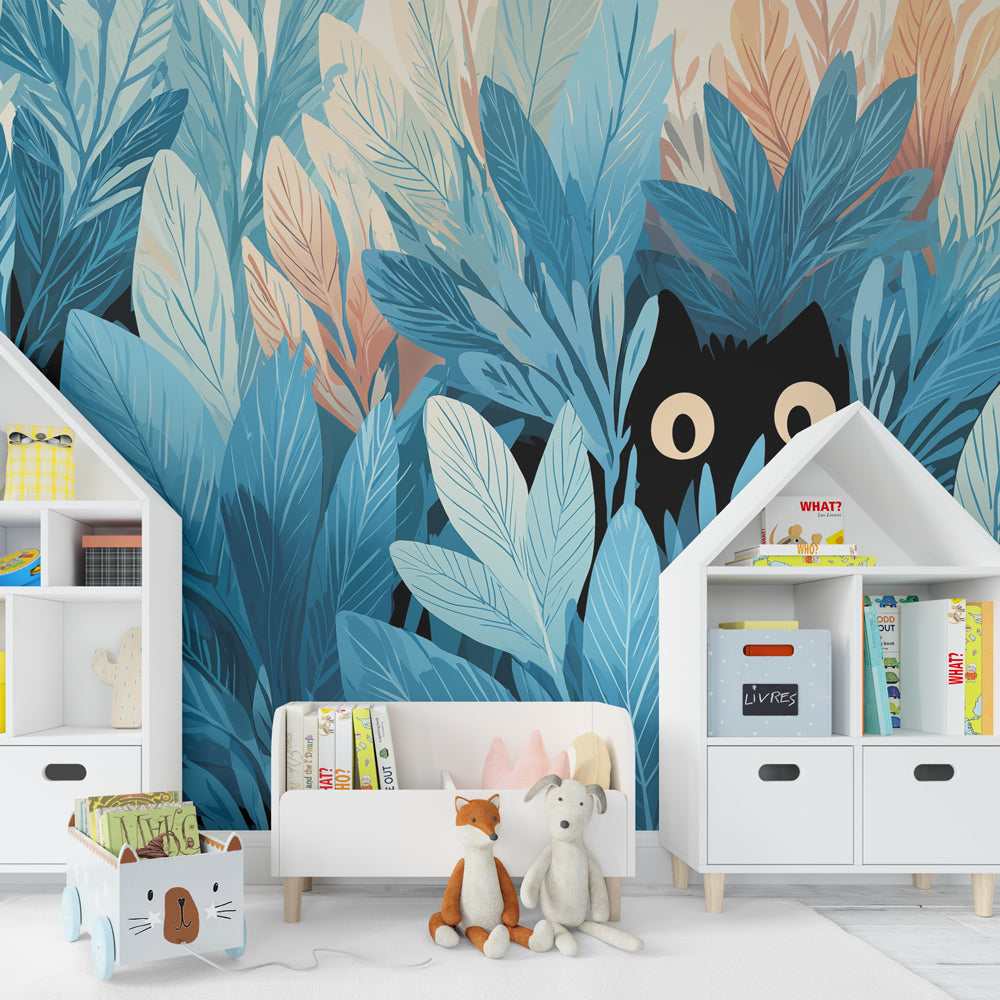 Jungle cat wallpaper in modern kids bedroom with blue foliage and playful black cat design