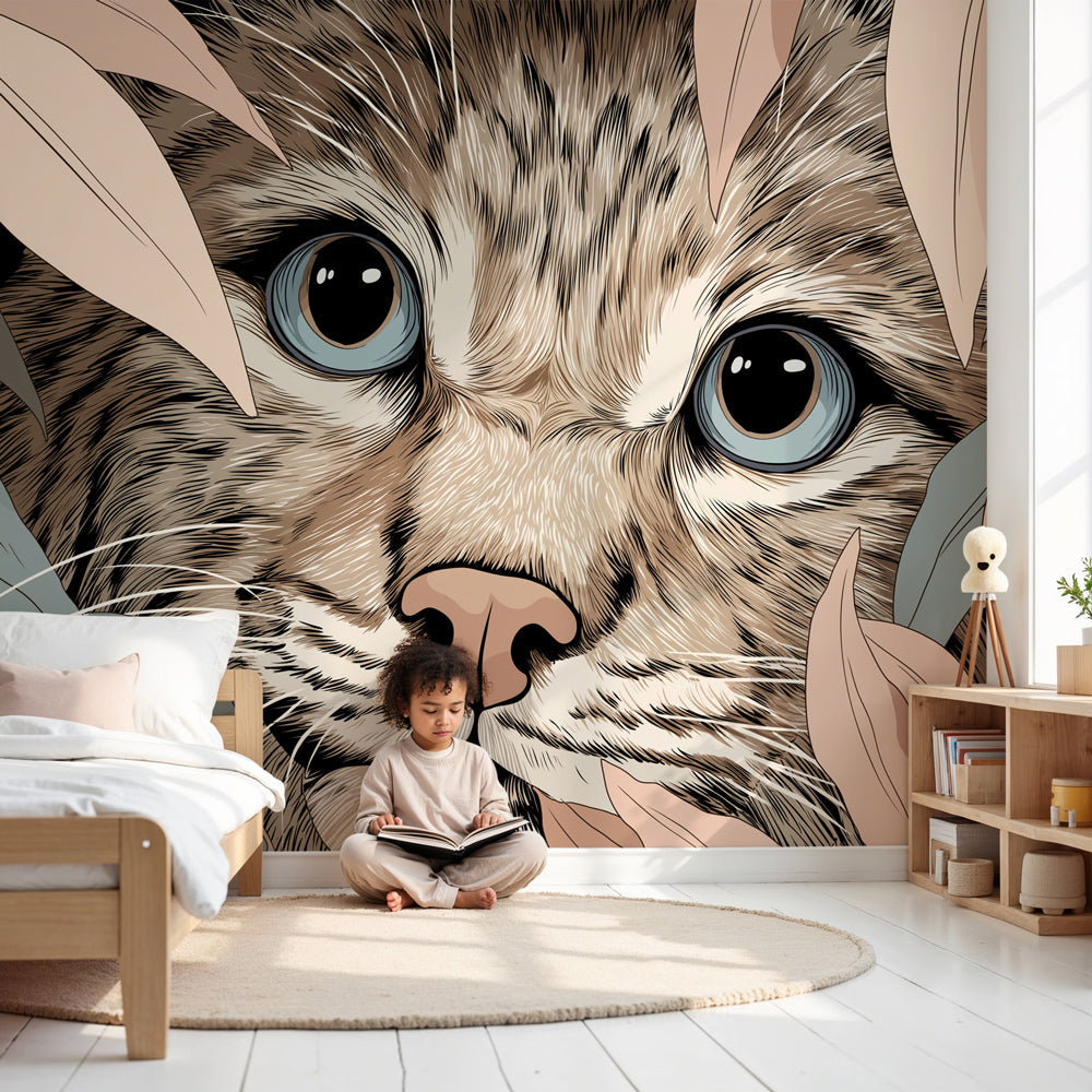 Jungle cat mural wallpaper in modern nursery with natural wood furniture by Kids-Mundo