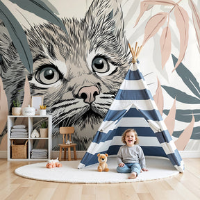 Jungle cat mural wallpaper with curious kitten in modern nursery setting by Kids-Mundo