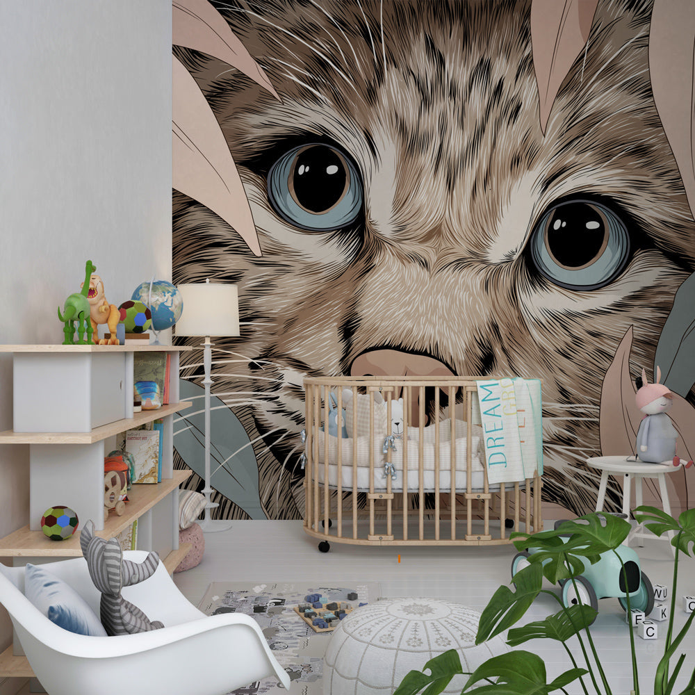 Animal themed mural wallpaper with jungle cat design for kids playroom by Kids-Mundo