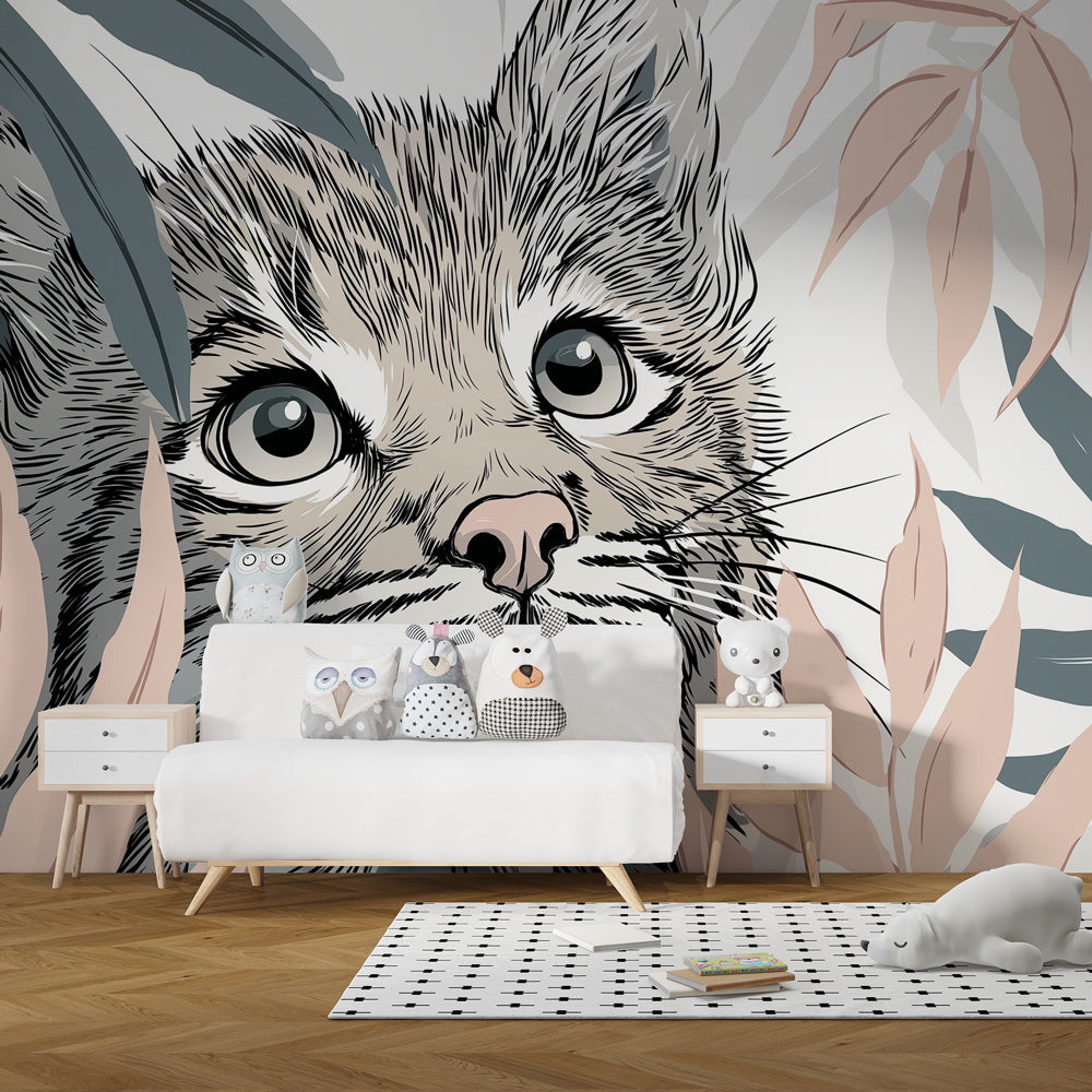 Safari animal mural wallpaper featuring curious cat in jungle foliage for kids playroom by Kids-Mundo