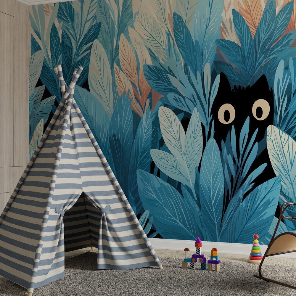 Blue jungle mural wallpaper transforming toddler room with hidden cat adventure theme by Kids-Mundo
